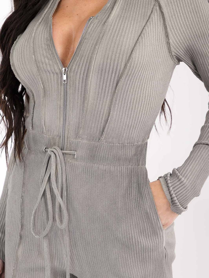 WOMEN'S LONG SLEEVE ZIP UP POCKETS RIBBED SKINNY LEG JUMPSUIT