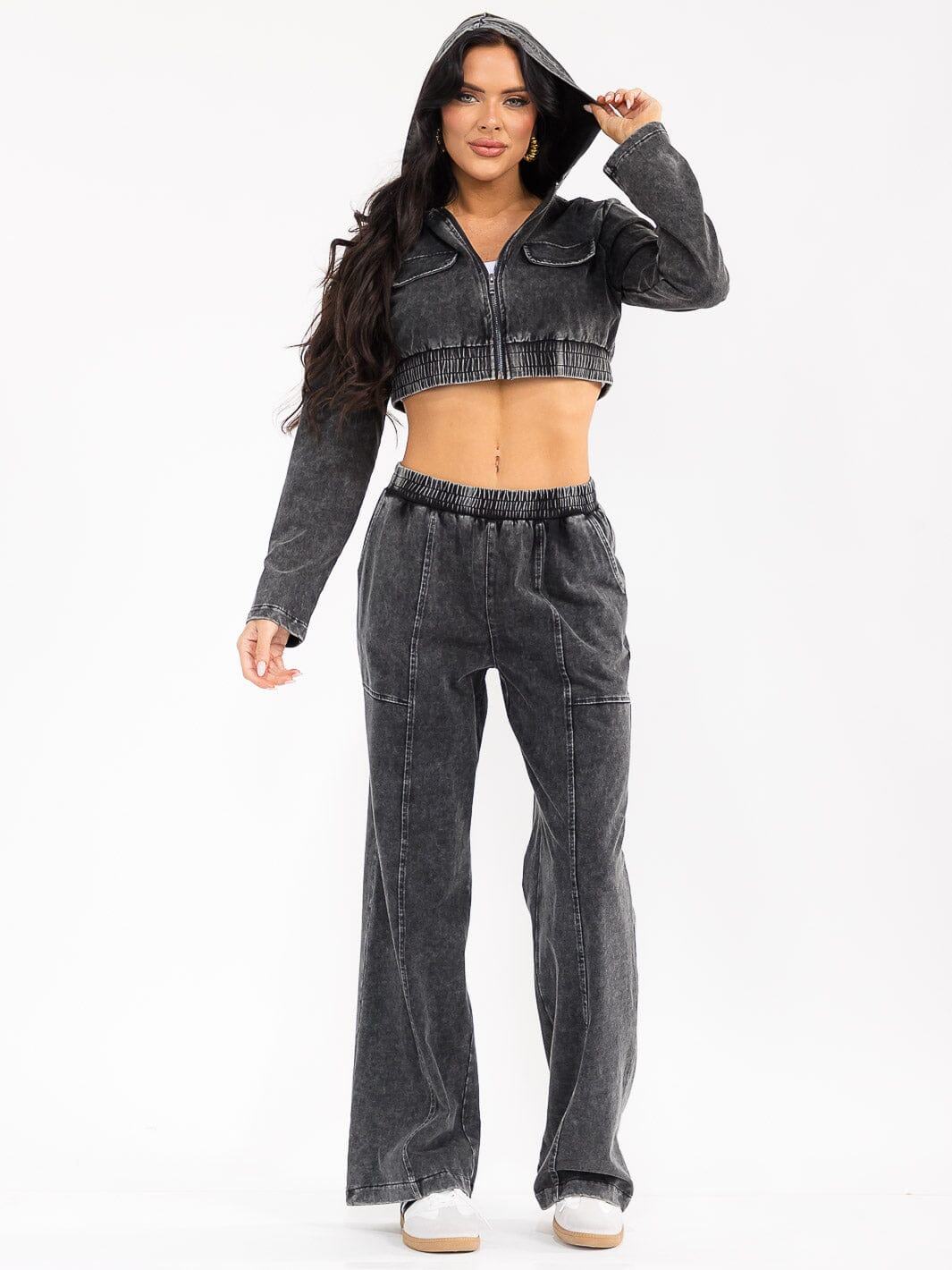 WOMEN'S HOODED CROP SWEATER & ELASTIC WAIST PANTS WASHED 2PC. SET