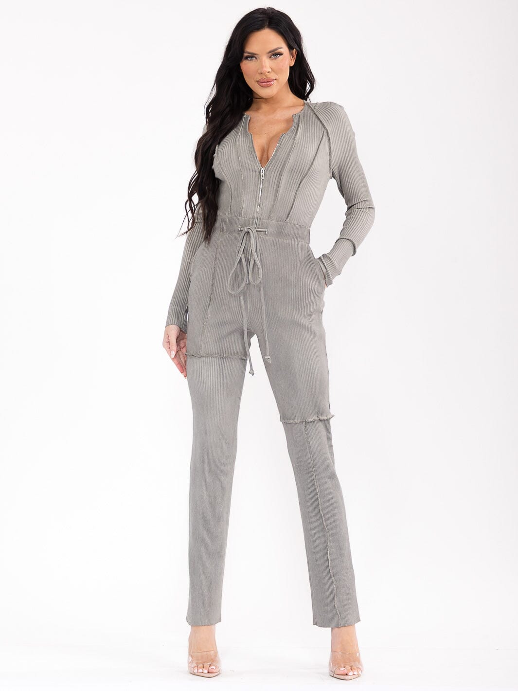 WOMEN'S LONG SLEEVE ZIP UP POCKETS RIBBED SKINNY LEG JUMPSUIT