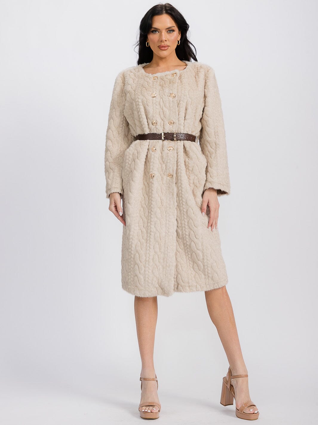 WOMEN'S LONG SLEEVE BUTTON CLOSURE BELTED CAVLE KNIT FUZZY MIDI DRESS