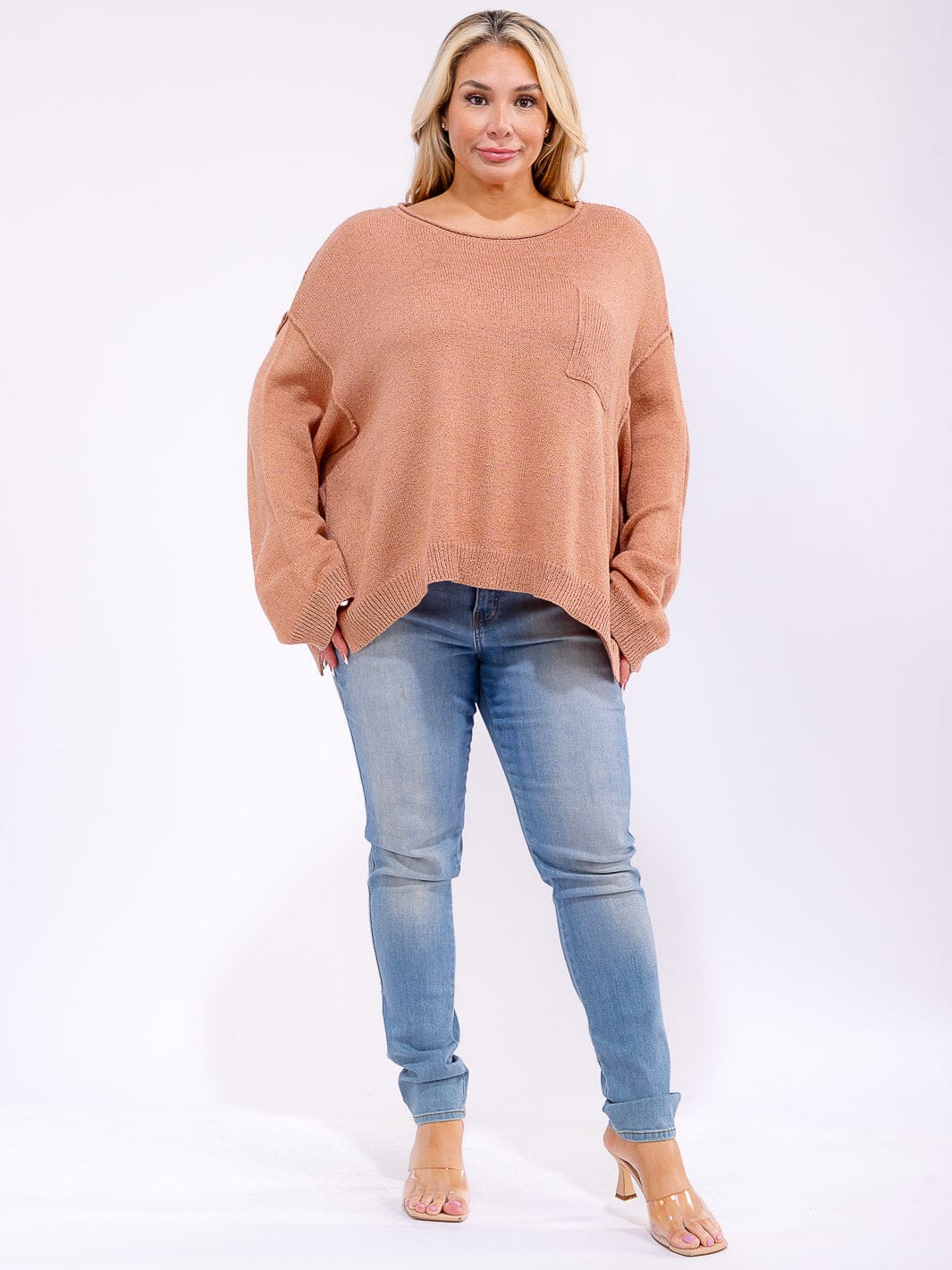 PLUS SIZE LONG SLEEVE FRONT POCKET KNIT PULLOVER SWEATER