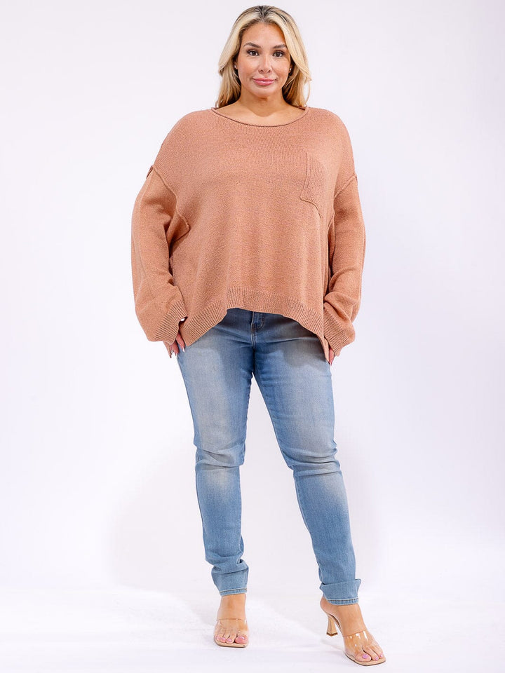 PLUS SIZE LONG SLEEVE FRONT POCKET KNIT PULLOVER SWEATER