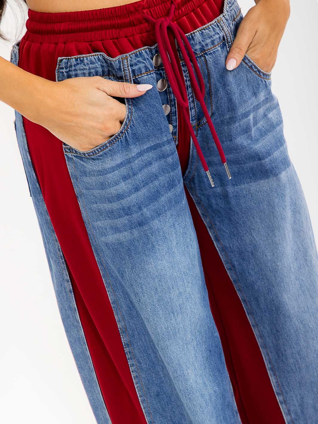 WOMEN'S ELASTIC WAIST SELF TIE POCKETS DENIM CONTRAST WIDE LEG WASHED PANTS