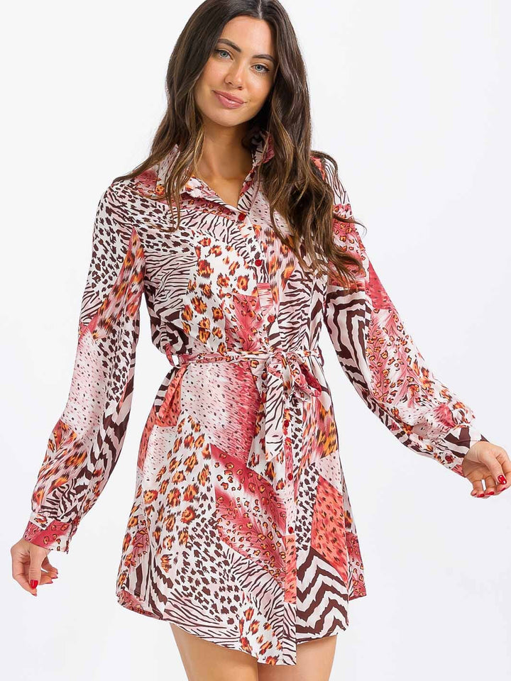 WOMEN'S LONG SLEEVE BUTTON UP SELF TIE ANIMAL PRINT MINI DRESS