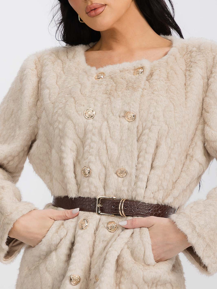WOMEN'S LONG SLEEVE BUTTON CLOSURE BELTED CAVLE KNIT FUZZY MIDI DRESS