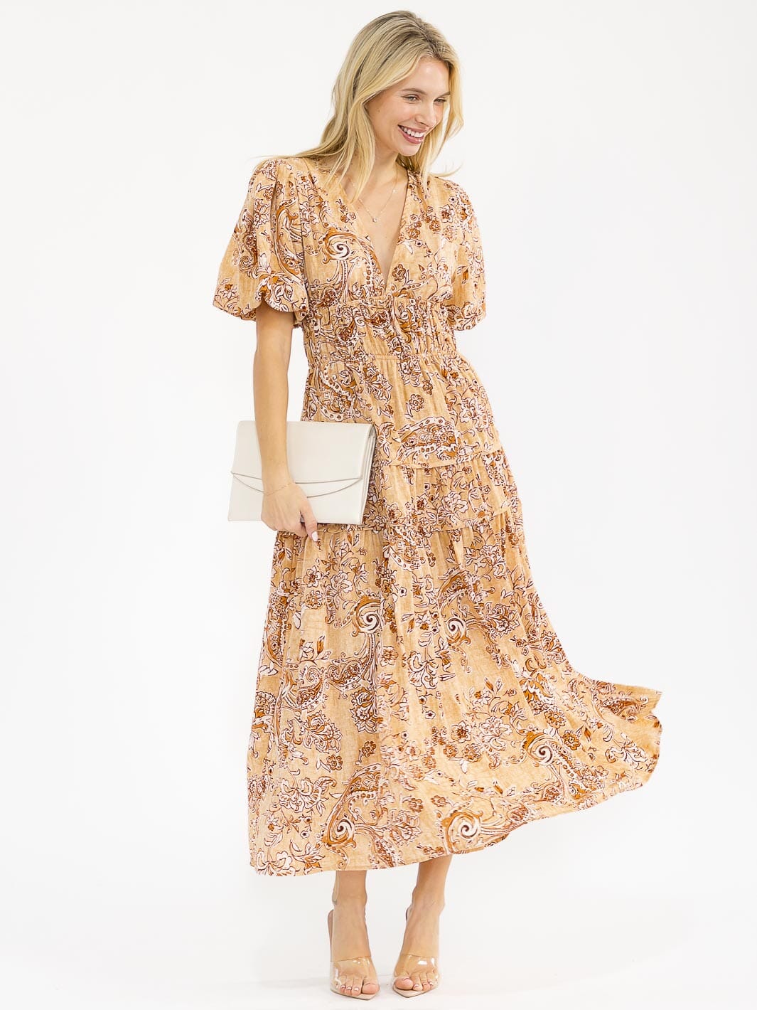 WOMEN'S SHORT PUFF SLEEVES V-NECK TIERED PAISLEY PRINT MAXI DRESS