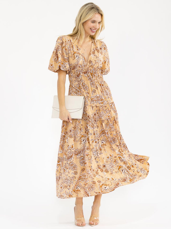 WOMEN'S SHORT PUFF SLEEVES V-NECK TIERED PAISLEY PRINT MAXI DRESS