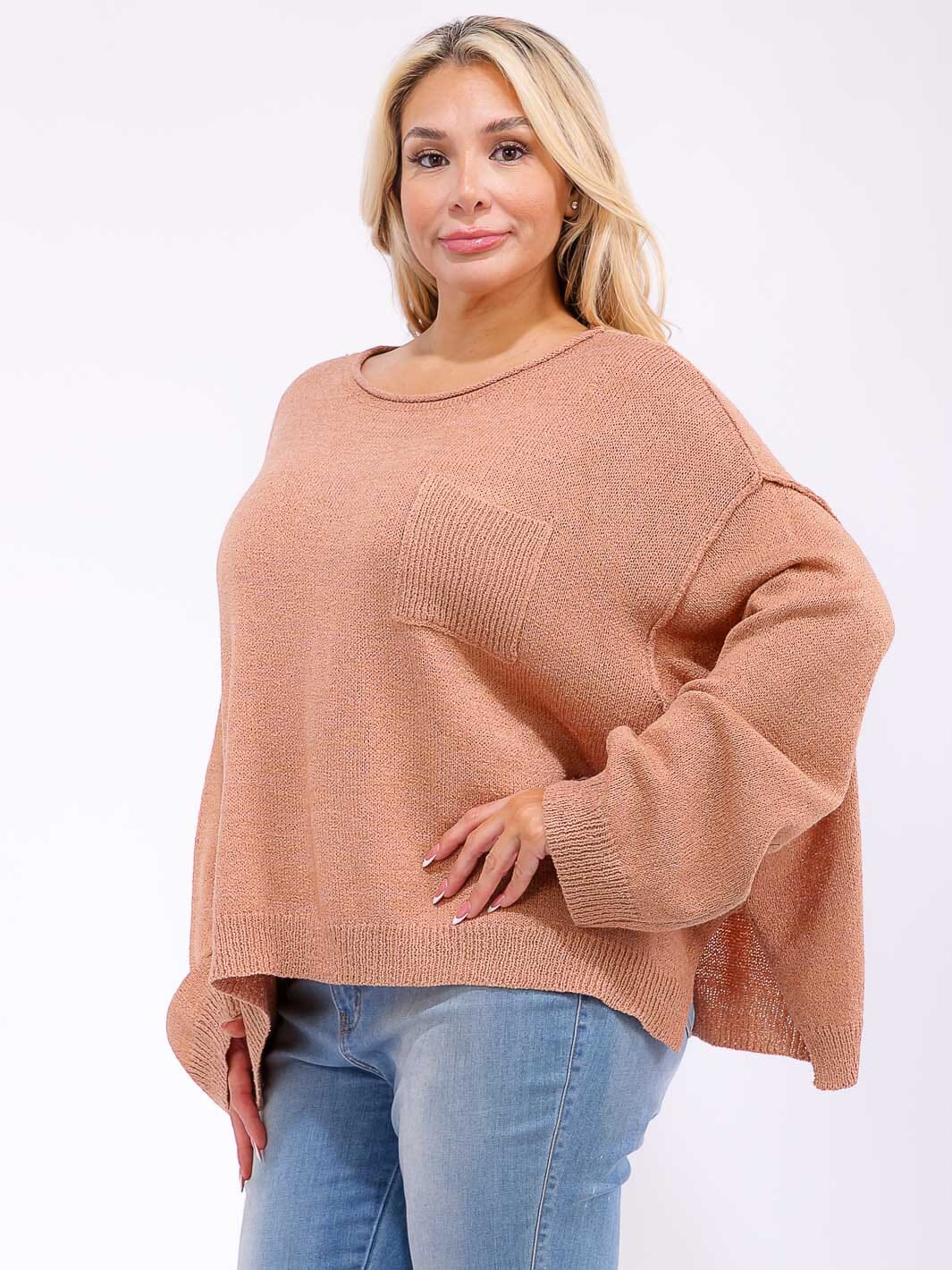 PLUS SIZE LONG SLEEVE FRONT POCKET KNIT PULLOVER SWEATER