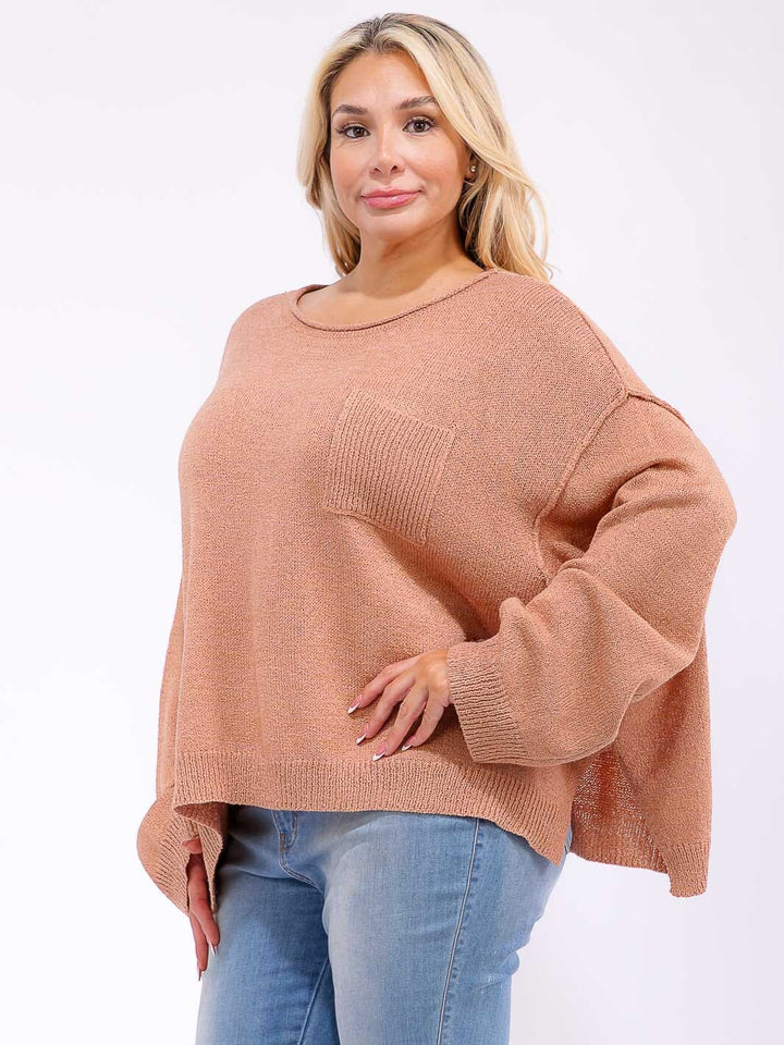PLUS SIZE LONG SLEEVE FRONT POCKET KNIT PULLOVER SWEATER