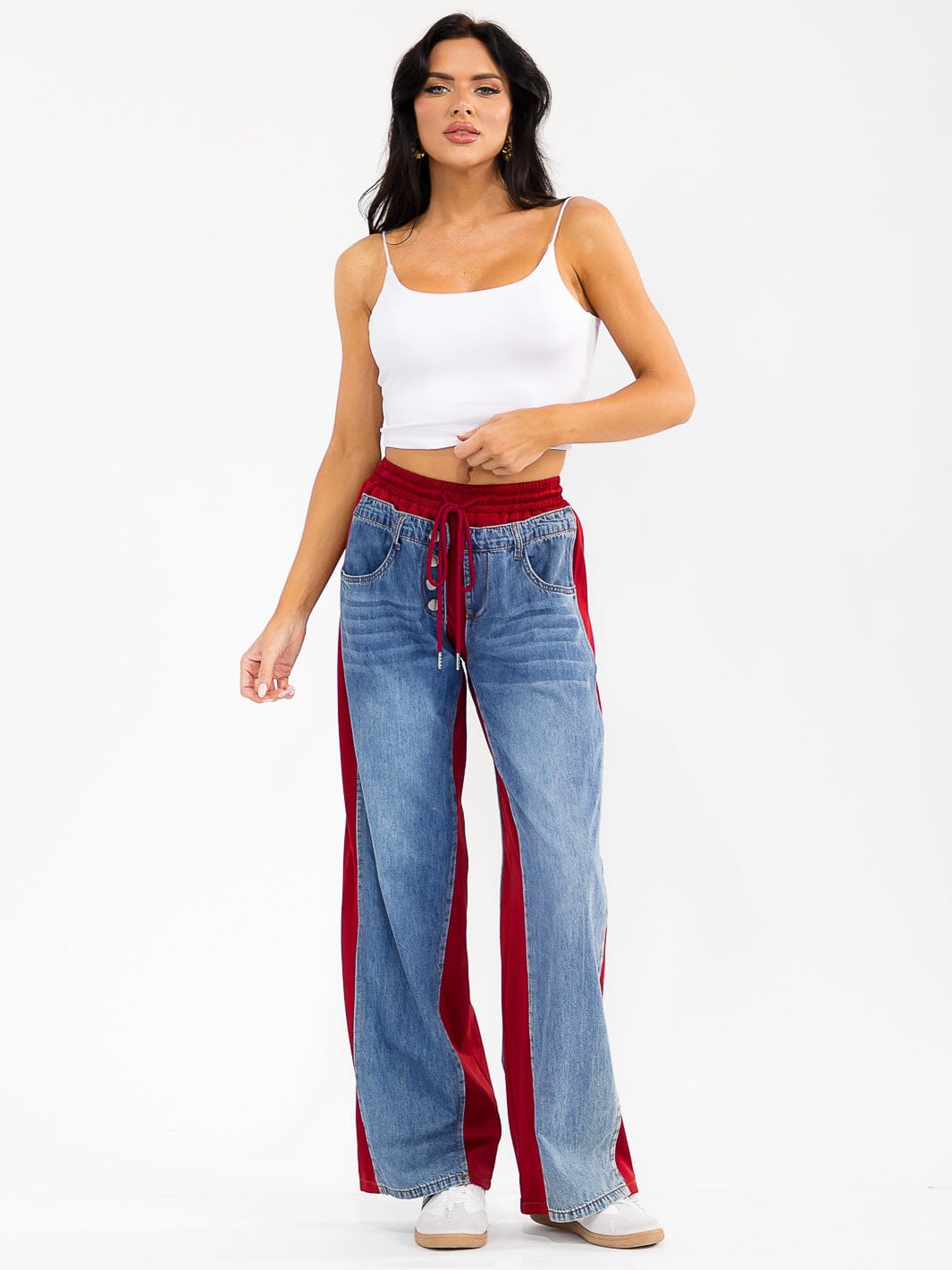 WOMEN'S ELASTIC WAIST SELF TIE POCKETS DENIM CONTRAST WIDE LEG WASHED PANTS