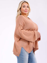 PLUS SIZE LONG SLEEVE FRONT POCKET KNIT PULLOVER SWEATER