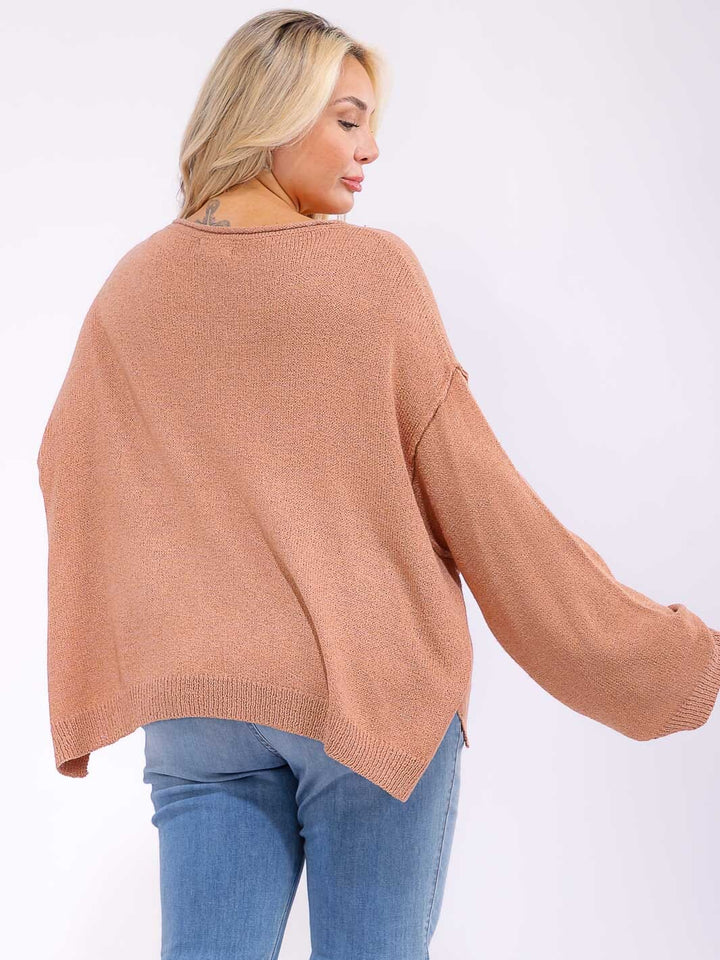 PLUS SIZE LONG SLEEVE FRONT POCKET KNIT PULLOVER SWEATER