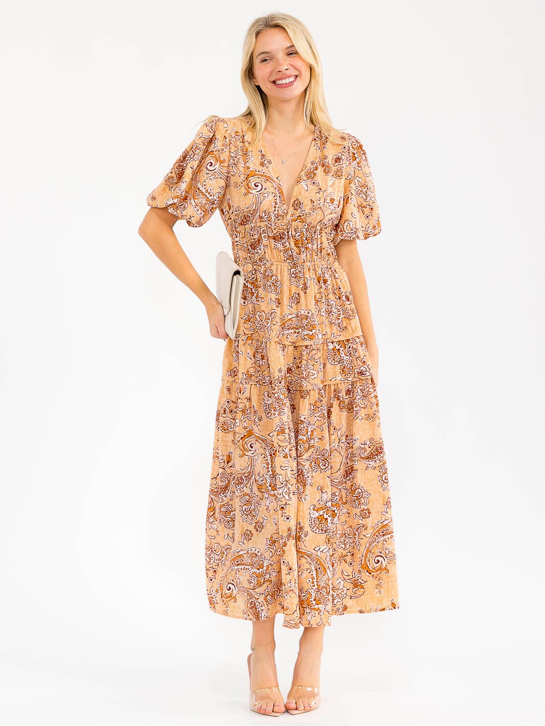 WOMEN'S SHORT PUFF SLEEVES V-NECK TIERED PAISLEY PRINT MAXI DRESS