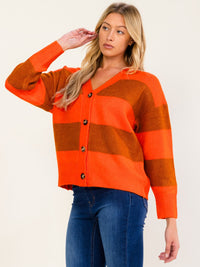 WOMEN'S LONG SLEEVE V-NECK BUTTON UP COLORBLOCK STRIPES SWEATER