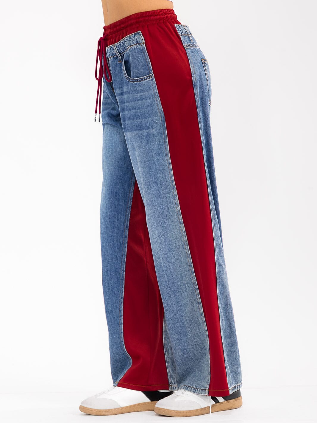 WOMEN'S ELASTIC WAIST SELF TIE POCKETS DENIM CONTRAST WIDE LEG WASHED PANTS