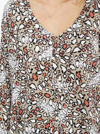 WOMEN'S LONG SLEEVE V-NECK BUTTON UP ANIMAL PRINT TUNIC TOP