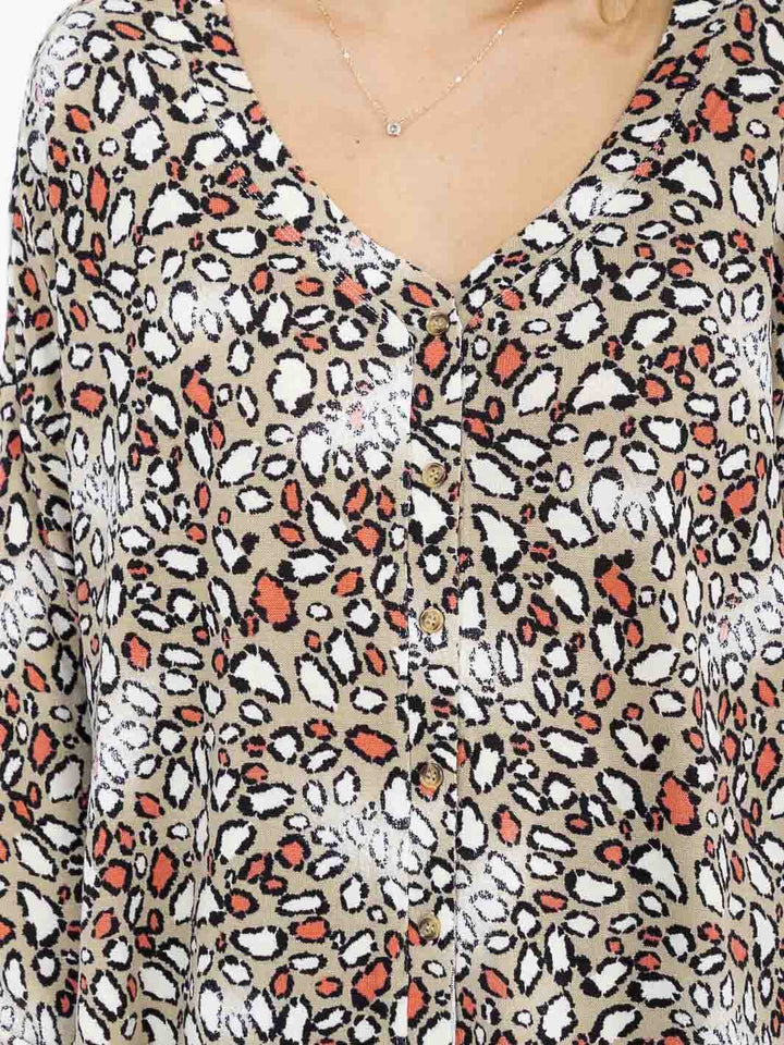 WOMEN'S LONG SLEEVE V-NECK BUTTON UP ANIMAL PRINT TUNIC TOP