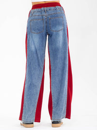 WOMEN'S ELASTIC WAIST SELF TIE POCKETS DENIM CONTRAST WIDE LEG WASHED PANTS