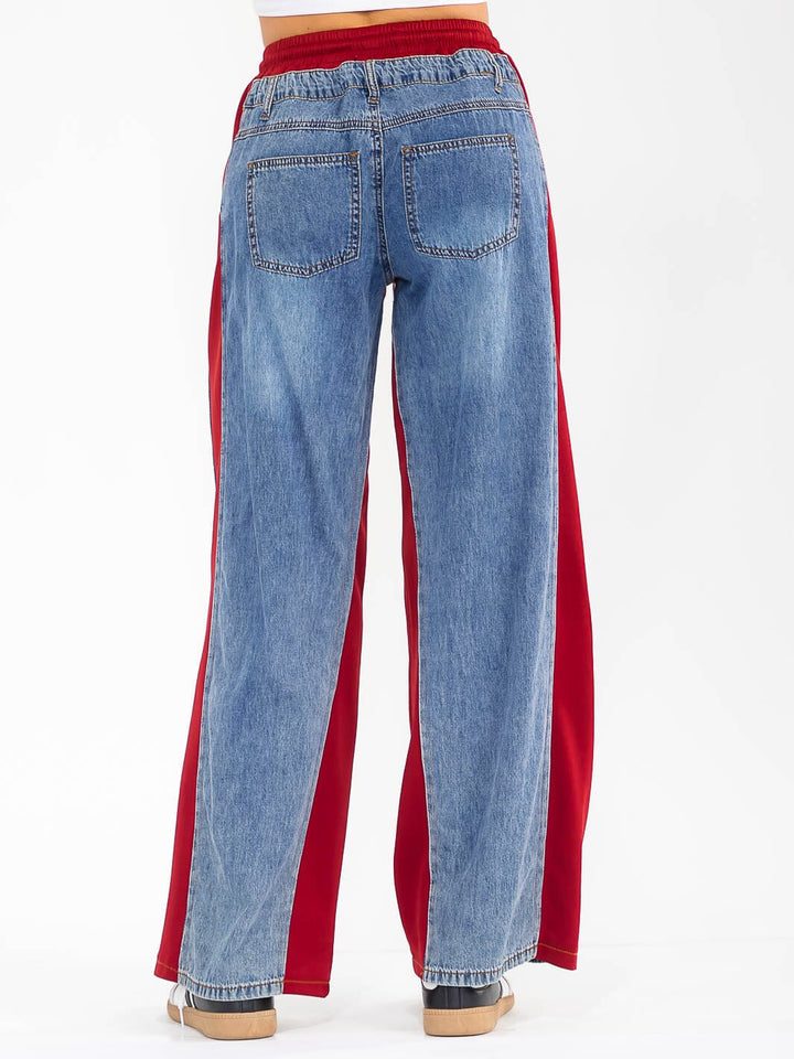 WOMEN'S ELASTIC WAIST SELF TIE POCKETS DENIM CONTRAST WIDE LEG WASHED PANTS
