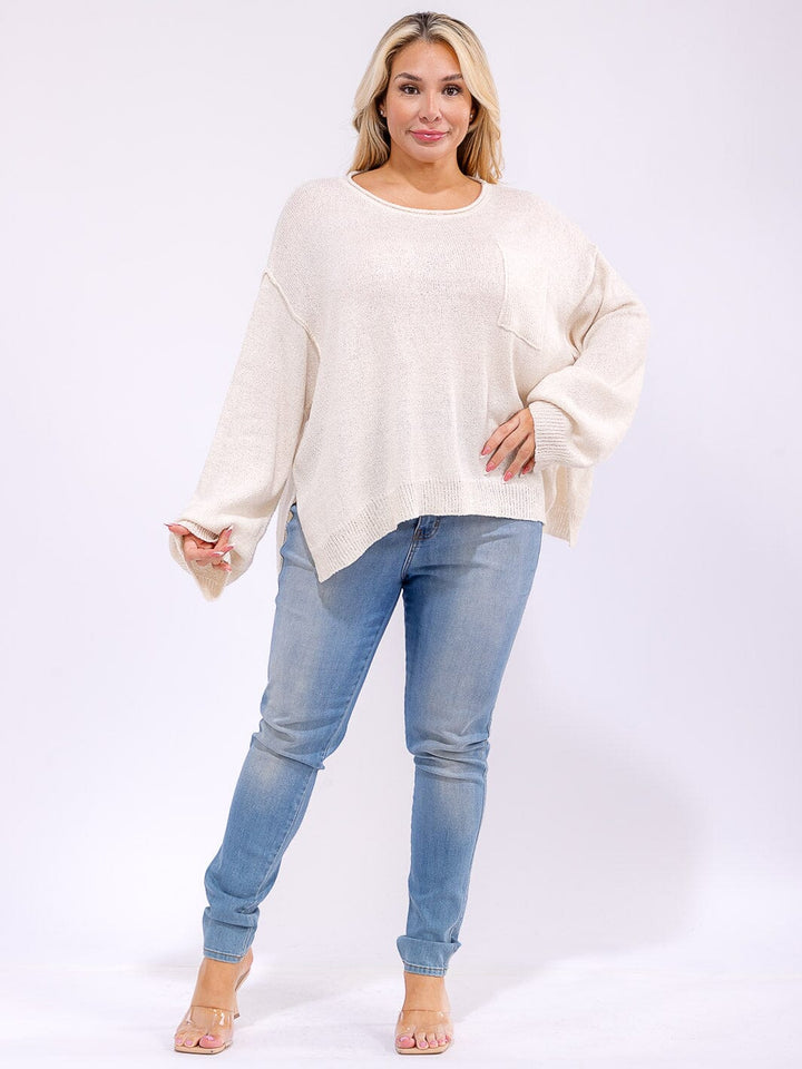 PLUS SIZE LONG SLEEVE FRONT POCKET KNIT PULLOVER SWEATER