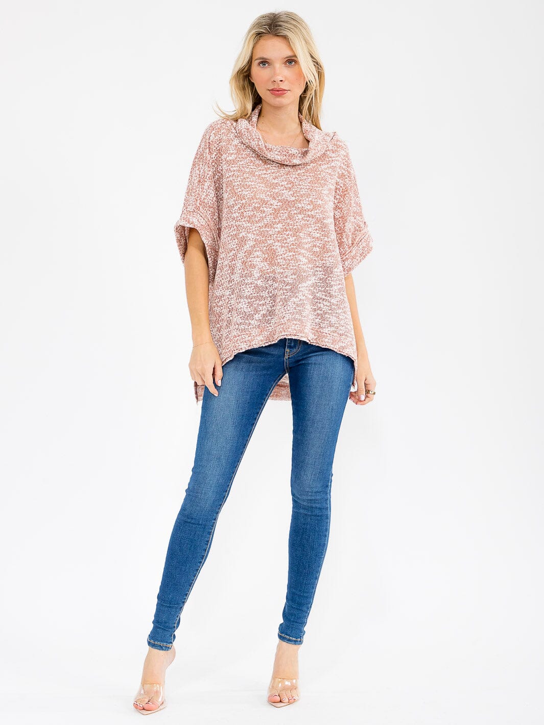 WOMEN'S SHORT SLEEVE TURTLE NECK HIGH-LOW TUNIC BLOUSE