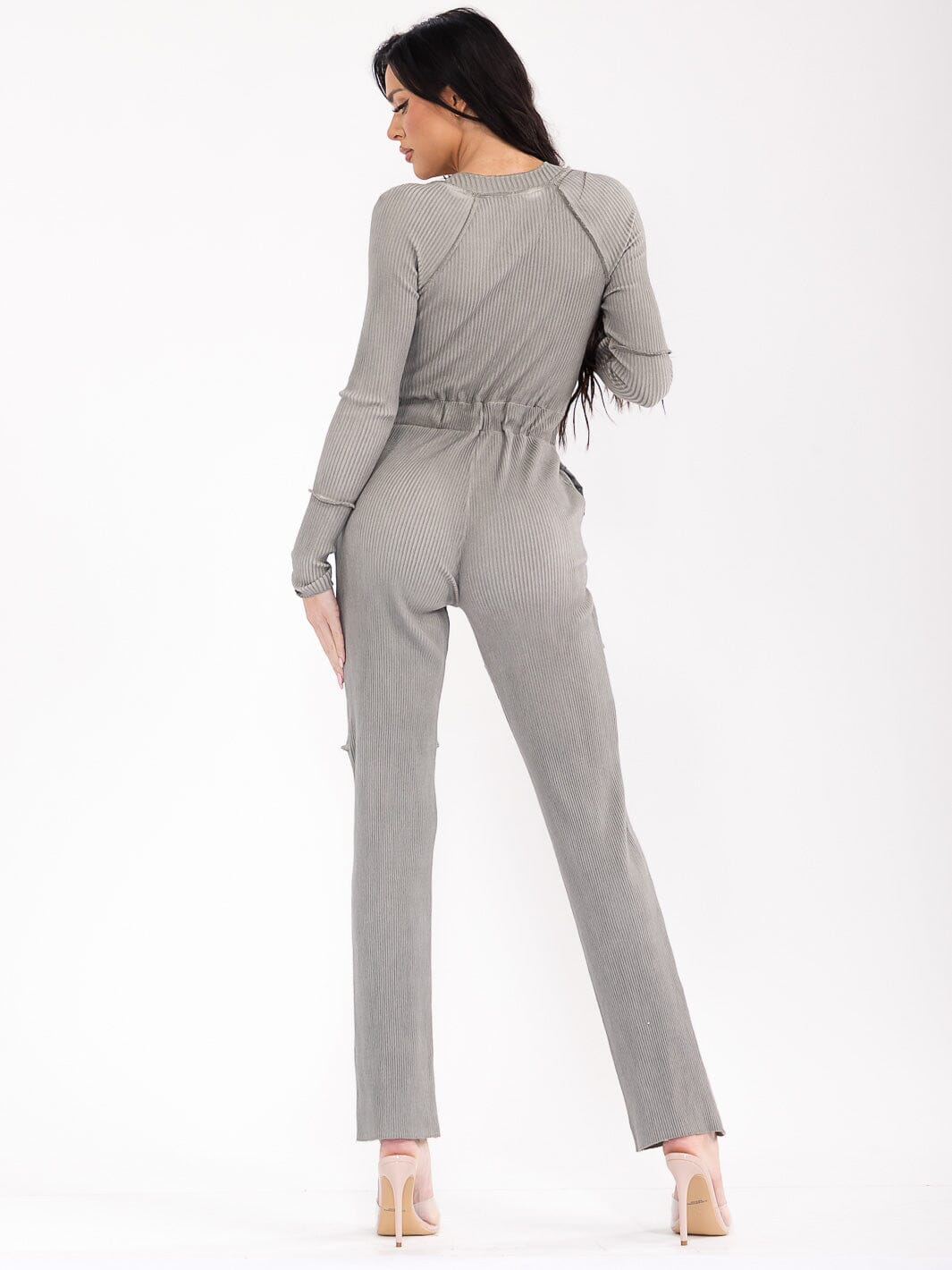 WOMEN'S LONG SLEEVE ZIP UP POCKETS RIBBED SKINNY LEG JUMPSUIT