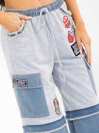 WOMEN'S ELASTIC WAIST POCKETS GRAPHIC DENIM CONTRAST WIDE LEG PANTS