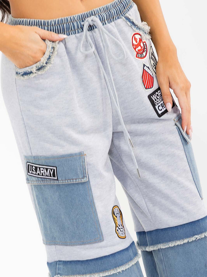 WOMEN'S ELASTIC WAIST POCKETS GRAPHIC DENIM CONTRAST WIDE LEG PANTS
