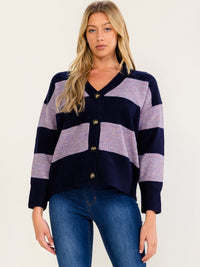 WOMEN'S LONG SLEEVE V-NECK BUTTON UP COLORBLOCK STRIPES SWEATER