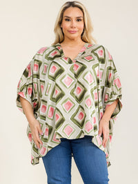 PLUS SIZE SHORT SLEEVE V-NECK MULTI PRINT TUNIC BLOUSE