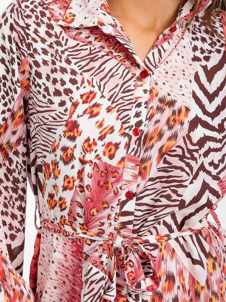 WOMEN'S LONG SLEEVE BUTTON UP SELF TIE ANIMAL PRINT MINI DRESS