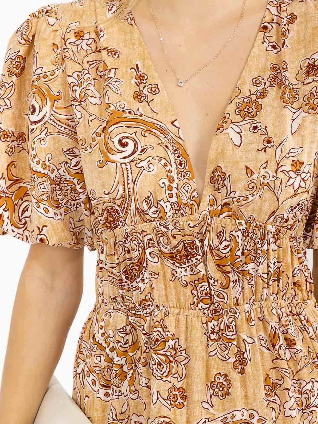 WOMEN'S SHORT PUFF SLEEVES V-NECK TIERED PAISLEY PRINT MAXI DRESS
