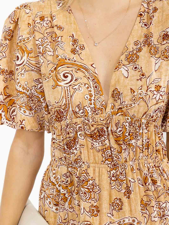 WOMEN'S SHORT PUFF SLEEVES V-NECK TIERED PAISLEY PRINT MAXI DRESS