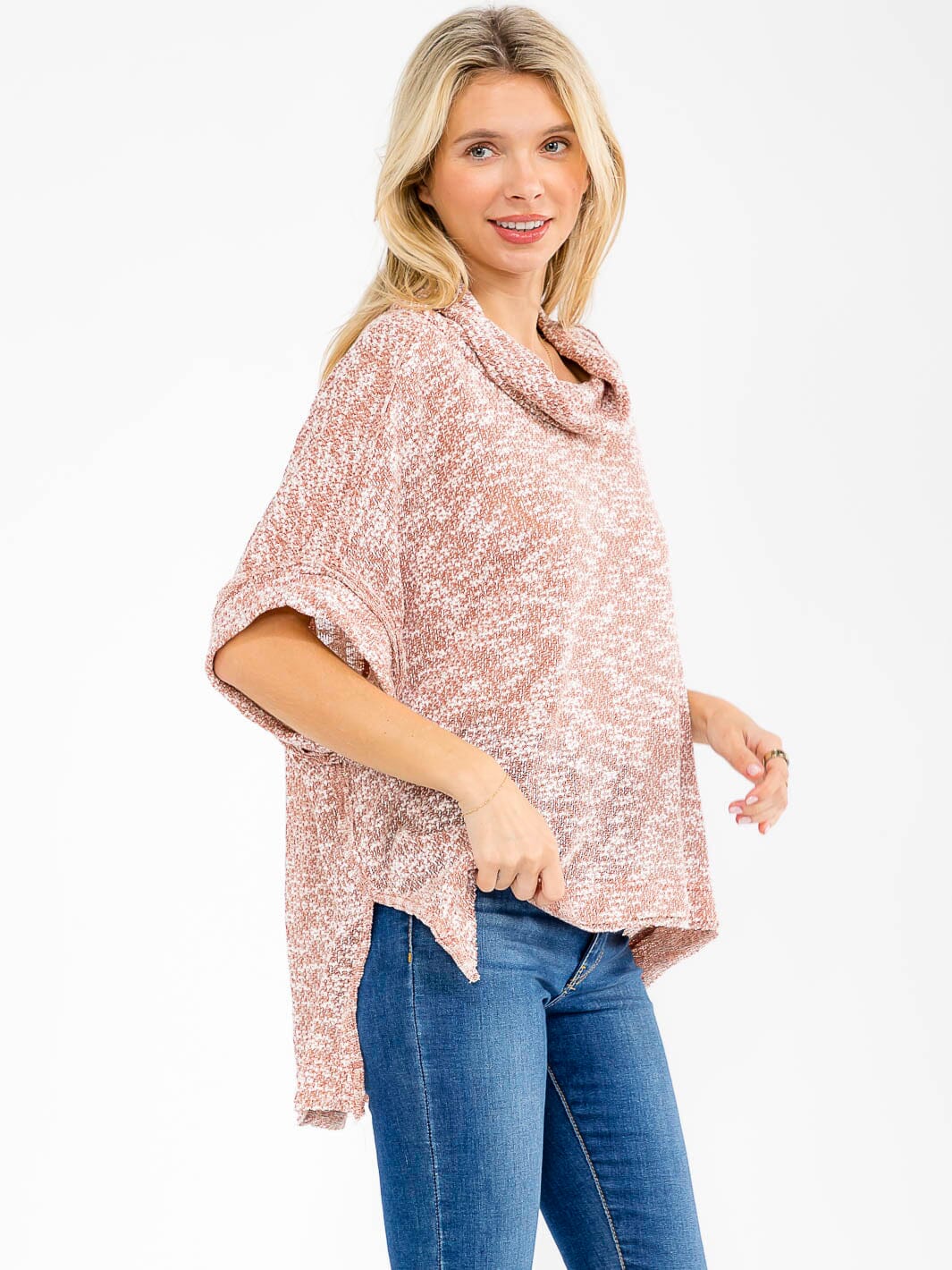 WOMEN'S SHORT SLEEVE TURTLE NECK HIGH-LOW TUNIC BLOUSE