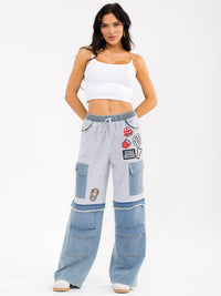 WOMEN'S ELASTIC WAIST POCKETS GRAPHIC DENIM CONTRAST WIDE LEG PANTS