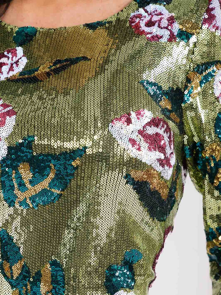 WOMEN'S LONG SLEEVE FLORAL SEQUINS BODYCON MINI DRESS