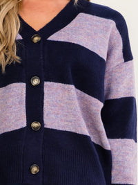 WOMEN'S LONG SLEEVE V-NECK BUTTON UP COLORBLOCK STRIPES SWEATER
