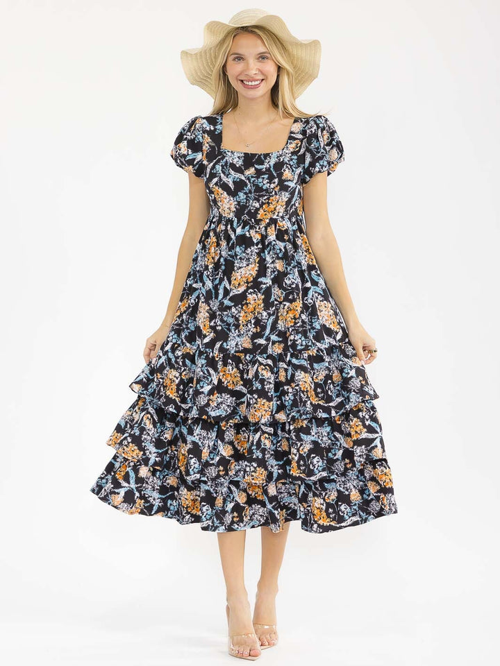 WOMEN'S SHORT SLEEVES SQUARE NECK SMOCK FLORAL PRINT MAXI DRESS