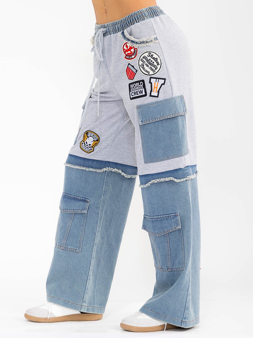 WOMEN'S ELASTIC WAIST POCKETS GRAPHIC DENIM CONTRAST WIDE LEG PANTS