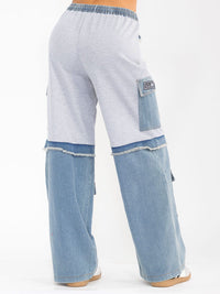 WOMEN'S ELASTIC WAIST POCKETS GRAPHIC DENIM CONTRAST WIDE LEG PANTS