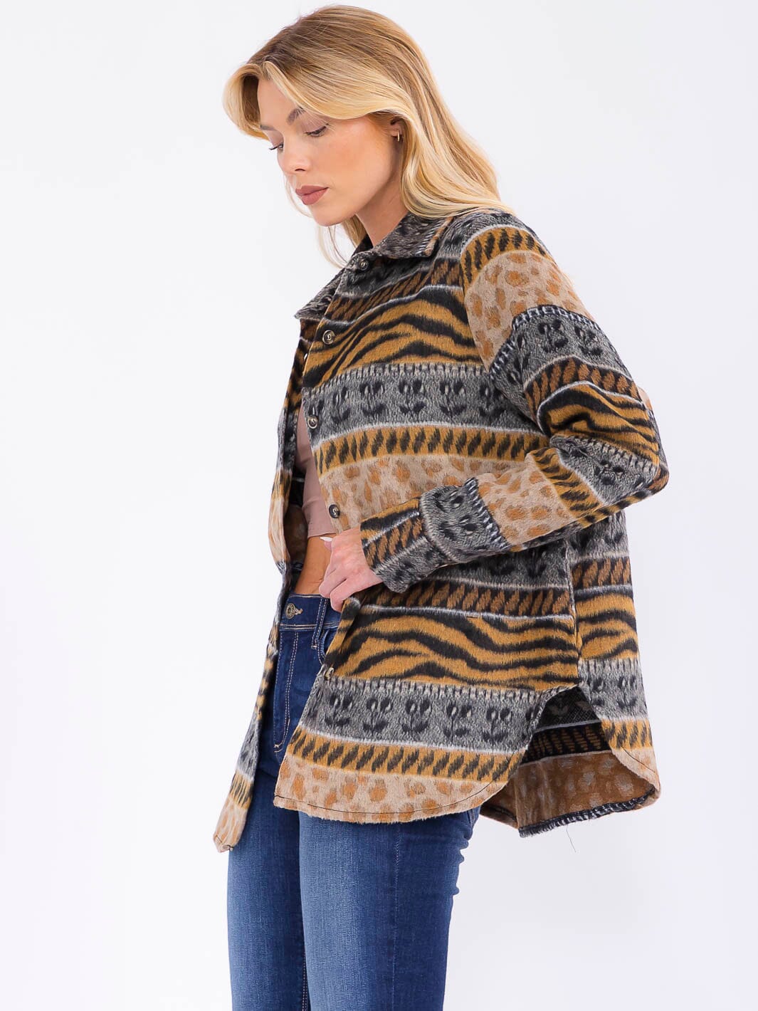 WOMEN'S LONG SLEEVE BUTTON CLOSURE MULTI PRINT SHACKET