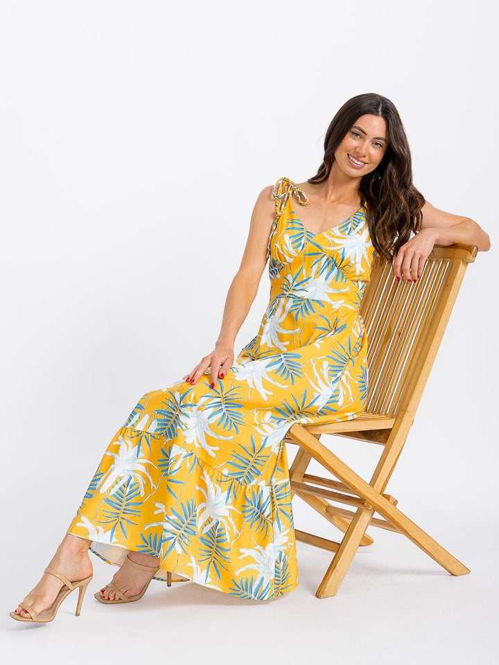 WOMEN'S SLEEVELESS V-NECK SMOCK LEAF PRINT MAXI DRESS