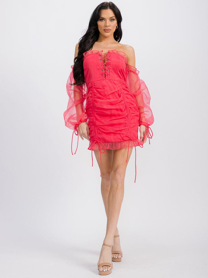 WOMEN'S LONG SLEEVE OFF SHOULDER RUCHED BODYCON MINI DRESS