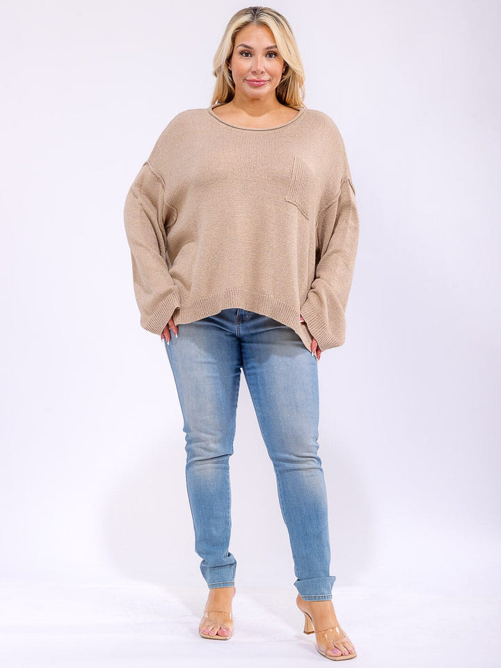 PLUS SIZE LONG SLEEVE FRONT POCKET KNIT PULLOVER SWEATER