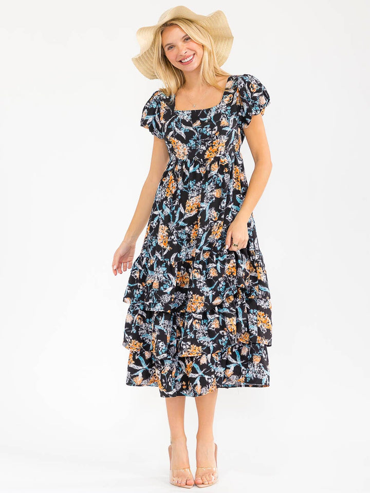 WOMEN'S SHORT SLEEVES SQUARE NECK SMOCK FLORAL PRINT MAXI DRESS