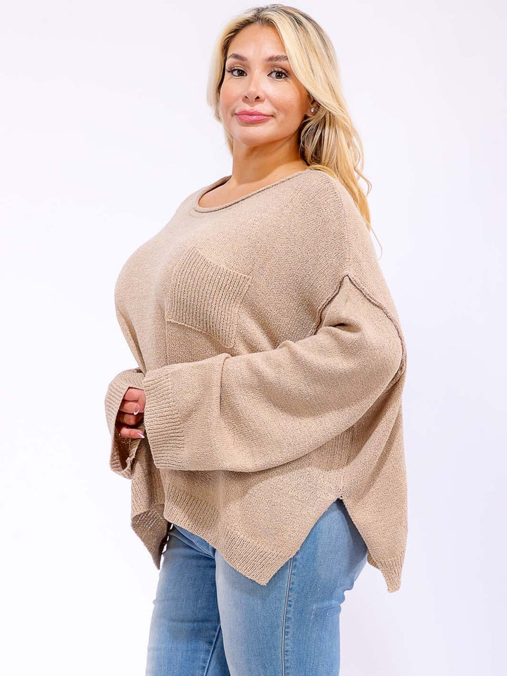 PLUS SIZE LONG SLEEVE FRONT POCKET KNIT PULLOVER SWEATER