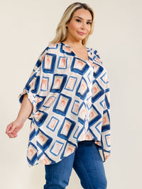PLUS SIZE SHORT SLEEVE V-NECK MULTI PRINT TUNIC BLOUSE