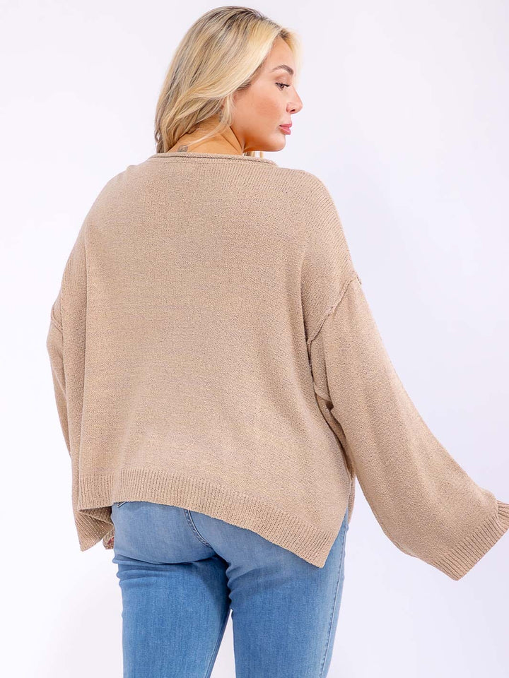 PLUS SIZE LONG SLEEVE FRONT POCKET KNIT PULLOVER SWEATER