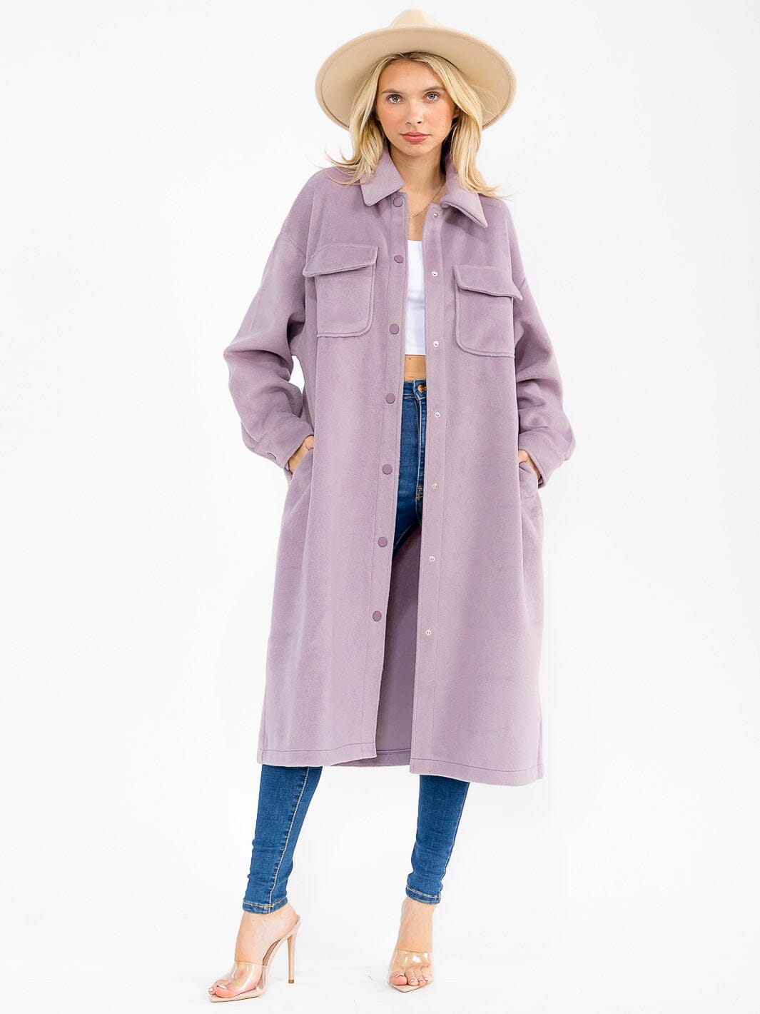 WOMEN'S LONG SLEEVE BUTTON CLOSURE FRONT POCKETS COAT
