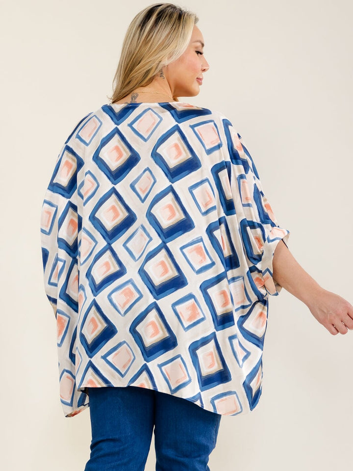 PLUS SIZE SHORT SLEEVE V-NECK MULTI PRINT TUNIC BLOUSE